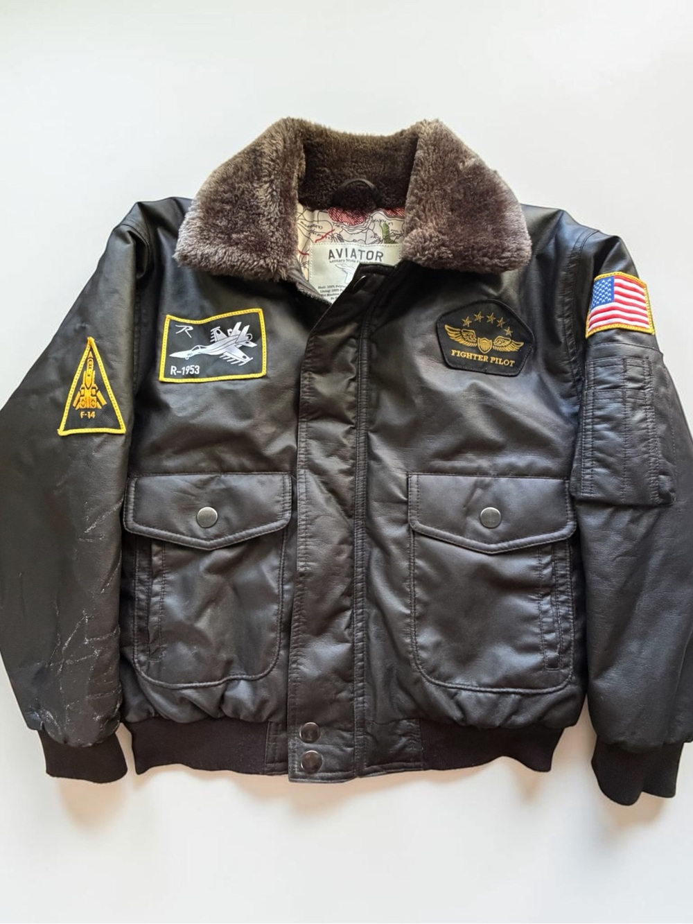Aviator Kids Flight Bomber Jacket Large Faux Leather Military Pilot Patch Brown